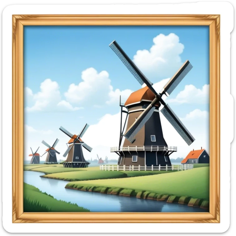 Cinematic Realistic Kinderdijk Windmills Landmark Emoji, depicted as a row of classic Dutch windmills set against a serene sky rendered with detailed textures and soft natural lighting. sticker