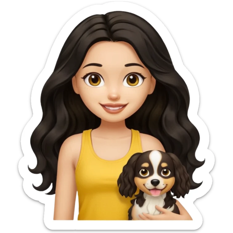 brown pretty bratz girl with long wavy black hair, wearing a yellow tank top with a dog sticker