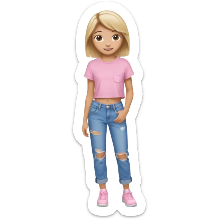 preppy teen girl, tan, blonde highlights, brown hair, long eyelashes, beach aesthetic, wearing cute clothes, sexy, wearing ripped blue baggy jeans with a light pink crop top, a little revealing  sticker