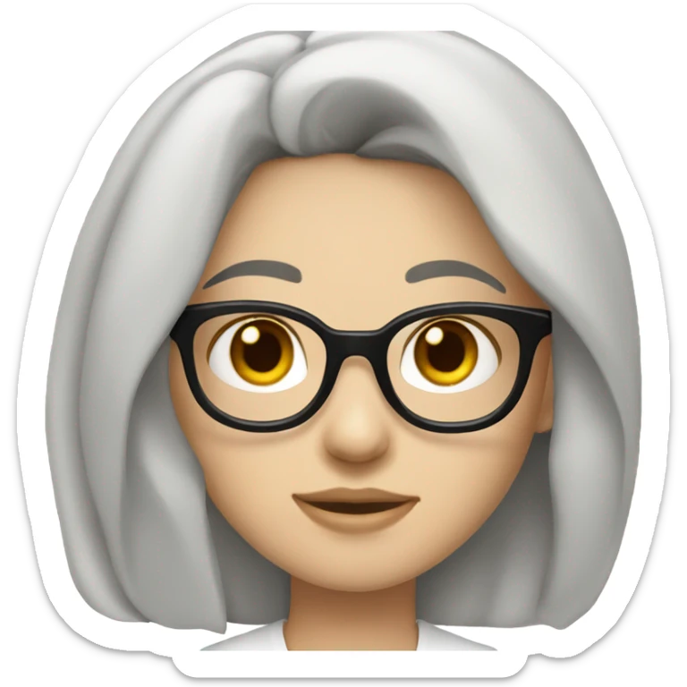 Girl, with fair skin and long black hair, with black framed glasses wearing a white shirt sticker