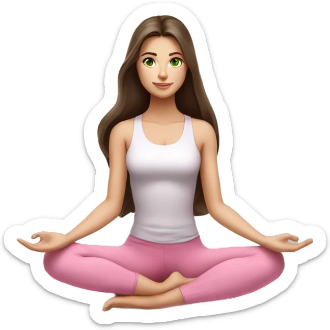 Brunette long hair and green eyes yoga beautiful girl in light pink pink pink clothes sitting on a yoga mat sticker