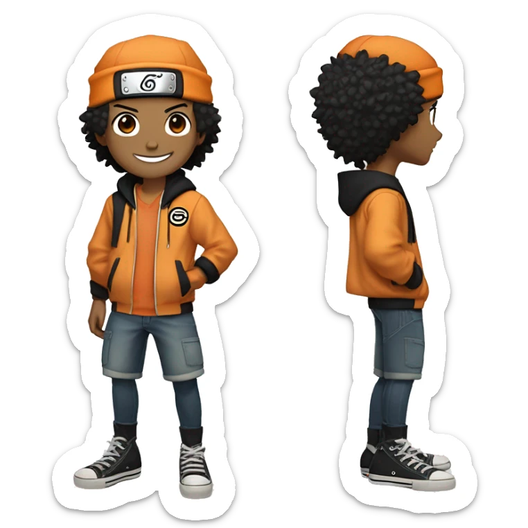 Naruto character looking brazilian , biracial, short straight black hair, orange jacket with a little black, a head wrap from his character, black Converse shoes, jean shorts and smiling sticker