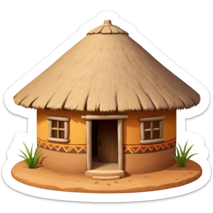 African mud hut tribal house, round adobe clay house, thatched roof, warm sunlight, colorful tribal patterns, cute mobile game icon, 3D cartoon, high detail, clean background sticker