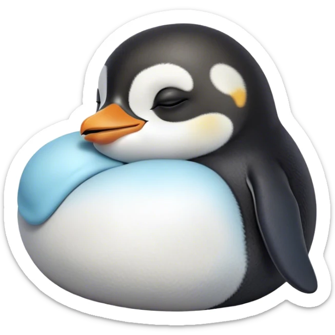 Meme-Worthy cute Sleeping Baby Penguin Portrait Emoji, Head resting peacefully with a contented smile, showcasing luxuriously soft down and a serene, slumbering gaze, Simplified yet hilariously adorable features, highly detailed, glowing with a soft, drowsy polar light, high shine, relaxed and utterly lovable, stylized with an air of playful laziness, bright and heartwarming, soft glowing outline, capturing the essence of a sleeping baby penguin that feels destined to become the next viral icon of adorable rest! sticker