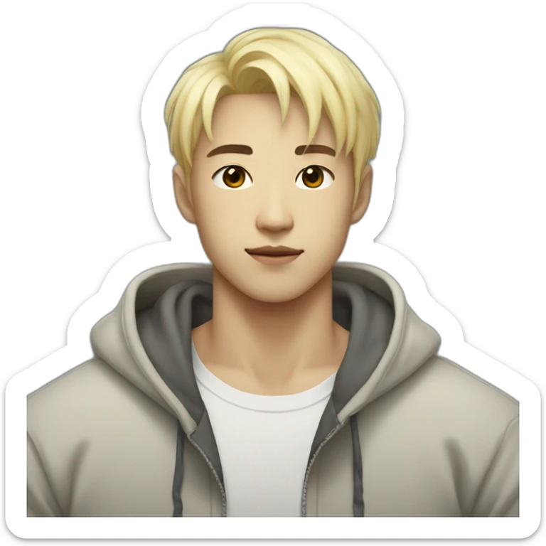 Korean with short bleached blond hair in his 20s muscular with a hoodie sticker