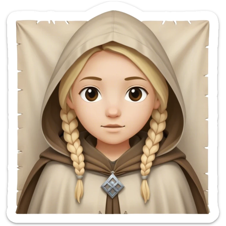 girl with blond braids wearing a cloak with a hood over her shoulders holding a white square of canvas, medieval age sticker