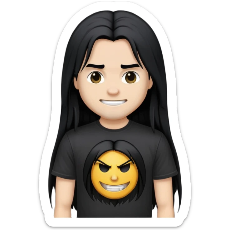 A heavy metal fan with long straight black hair, wearing a black heavy metal band t-shirt, with a smirky smile on face sticker