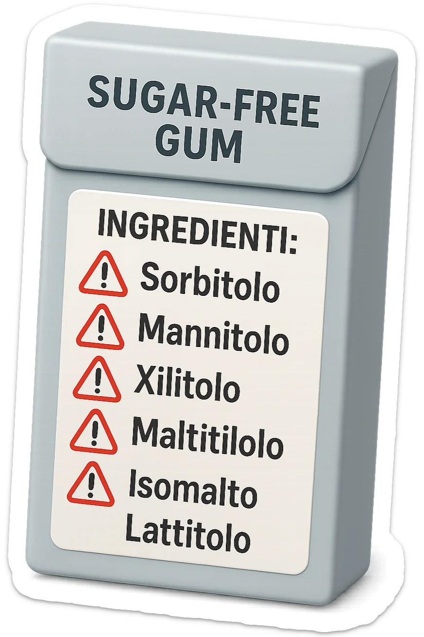SU QUESTO STILE FAI UN EMOJI STILE IPHONE 3D DI UN pacchetto di gomme senza zucchero con ETICHETTA CON GLI INGREDIENTI SCRITTI, "sorbitolo, mannitolo, xilitolo, maltitolo, isomalto, lattitolo" accanto ad ogni nome scritto mettici un segnale di allarme, FALLO MOLTO REALISTICO IN 3D sticker