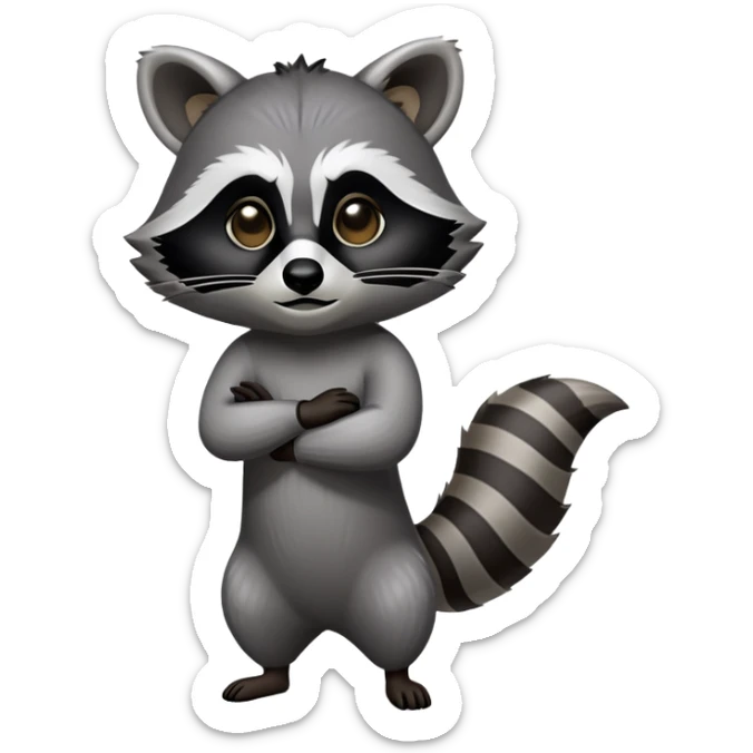 Cinematic-Raccoon-Realistic-Full-Body-Standing-Emoji – Tail flicking lazily, head tilted dramatically, thick grey fur with a signature black mask, sharp and alert ears, simplified yet realistic focused features, highly detailed, glowing with an almost sarcastic glow. sticker