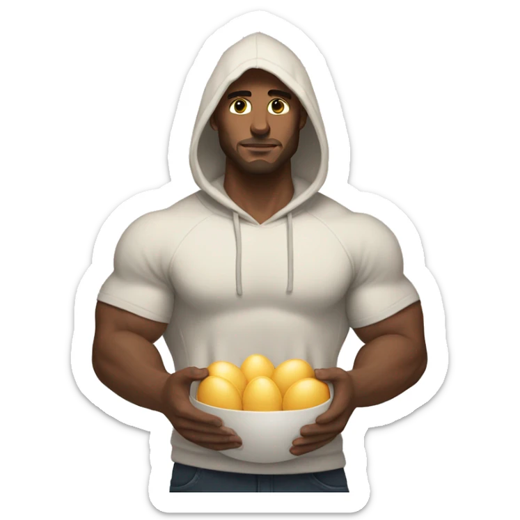 Buff white man with hoodie and dark brown hair holding a ton of eggs sticker