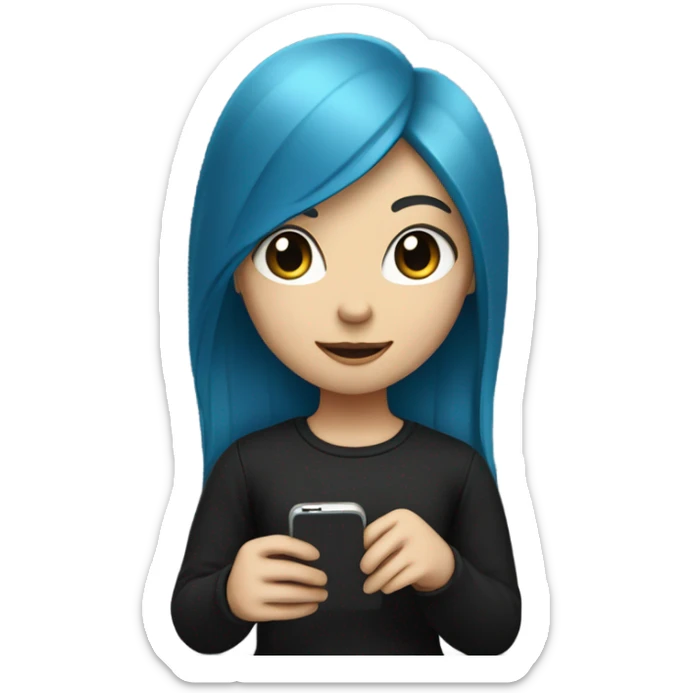 white skin girl with long blue hair in black clothes holding a phone sticker