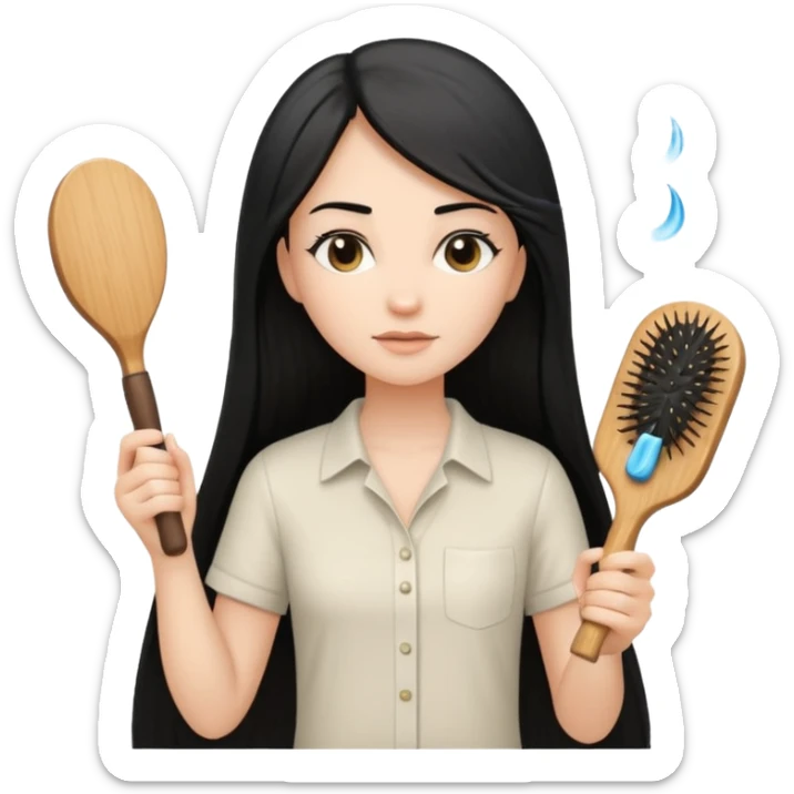 A white woman with long, straight black hair, wearing an ivory-colored shirt, holding a wooden paddle hairbrush in her left hand and spraying a hair mist bottle with her right hand toward her hair. sticker