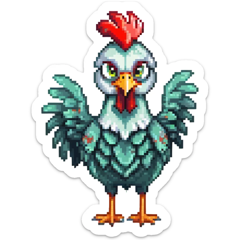 A cute blue-green rooster chicken with big eyes, red comb, small wings, skinny legs, and goofy expression sticker