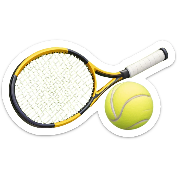 A tennis racket and ball placed on the grass court, with the lines of the court clearly visible in the background. The scene captures the essence of the sport, highlighting the equipment and the vibrant, open atmosphere of a tennis match sticker