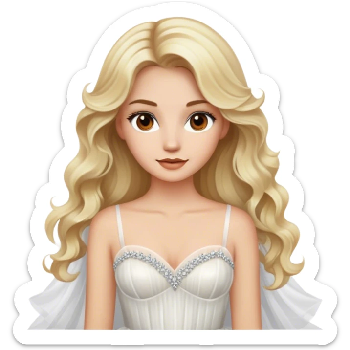pretty blonde with brown eyes, long wavy hair, glamorous white tulle gown sticker