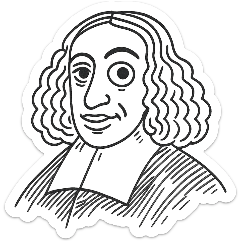 Make the right pupil of Spinoza's eye bigger, keeping the rest of the hand-drawn detail, facial features, long curly hair, 17th-century collar unchanged. Maintain the black outline icon style with transparent background. sticker