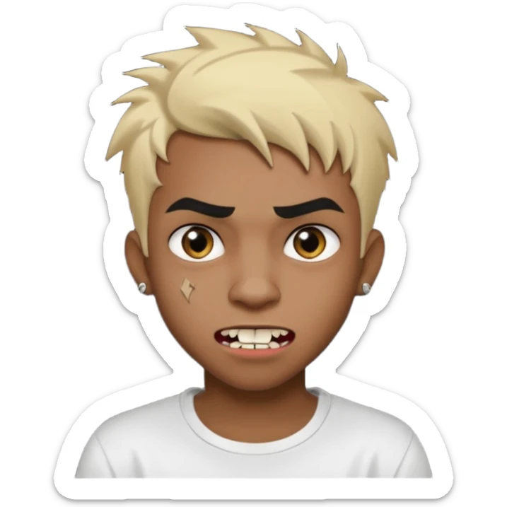Black Male Teenager with Short punk messy blonde hair, Dark brown bushy eyebrows large expressive golden-brown eyes, wearing a plain white t-shirt, Dark Brown skin color. vampire tooth sticker