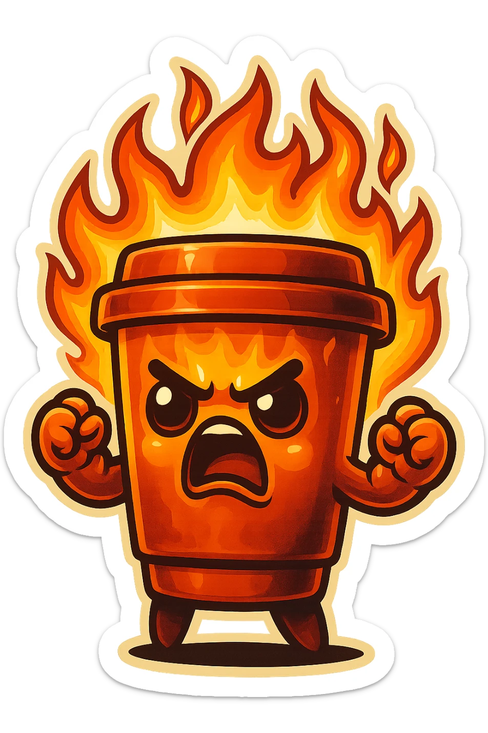 Tall coffee cup, angry, on fire, clenched fists, yelling sticker