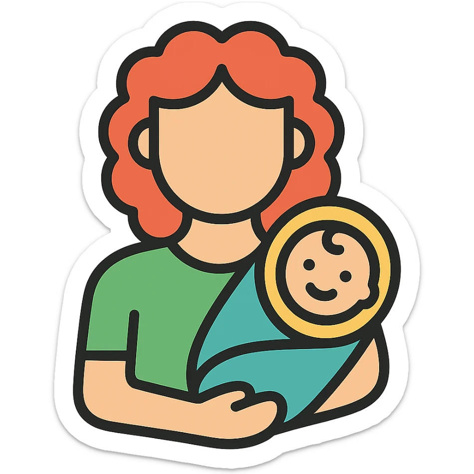 Woman with curly red hair holding a baby, wearing green clothing, color outline style, no background. sticker