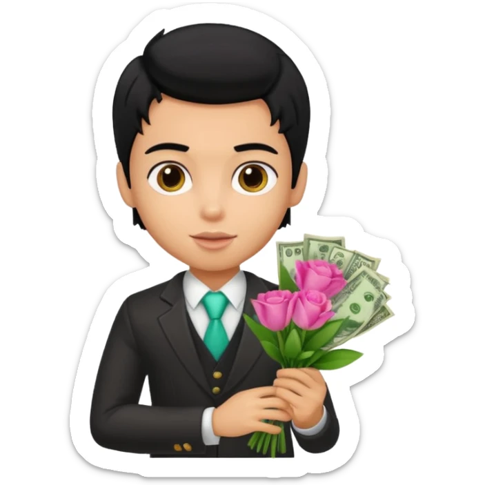 a pretty bratz boy with black hair, holding a bouquet made of money sticker