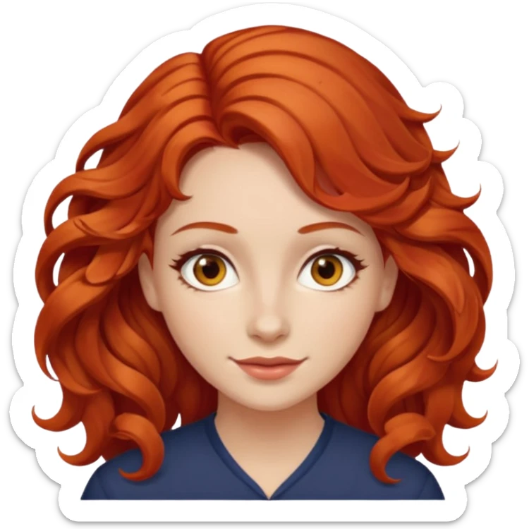 a woman with bright red wavy hair, slightly slanted almond brown eyes and white skin  sticker