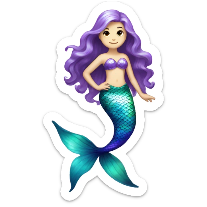 Iridescent mermaid tail full body white girl long hair brown and purple sticker