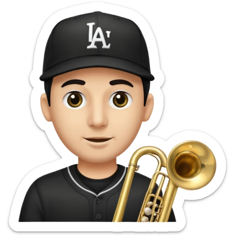 Un señor tocando el trombón (viendo hacia arriba, con los ojos cerrados), que tenga una gorra de béisbol negra de LOS ANGELES (LA), vestido todo de negro sticker
