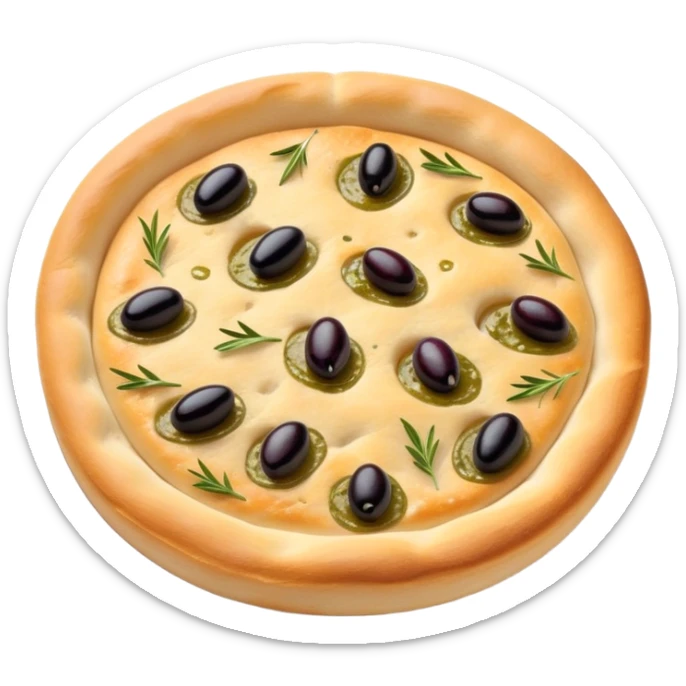 cinematic-realistic-focaccia-bread-dish-emoji,-depicted-as-a-golden,-olive-oil-brushed-flatbread-sprinkled-with-herbs-rendered-with-lifelike-texture-and-soft,-appetizing-lighting showing olives on top  sticker