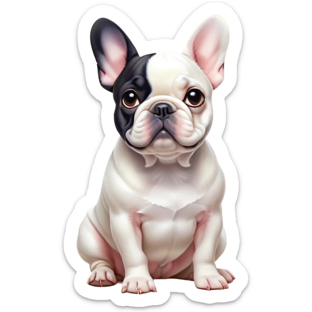 Cinematic Noble Pied French Bulldog Portrait Emoji, Radiating regal yet playful charm, with a distinctive pied fur of contrasting hues and a sculpted, expressive face featuring gentle, wise eyes and a confident stance, simplified yet artistically detailed, glowing with a soft, sophisticated radiance, high shine, exuding intelligent nobility and refined flair, soft glowing outline, capturing the essence of a noble Pied French Bulldog that embodies both strength and grace! sticker