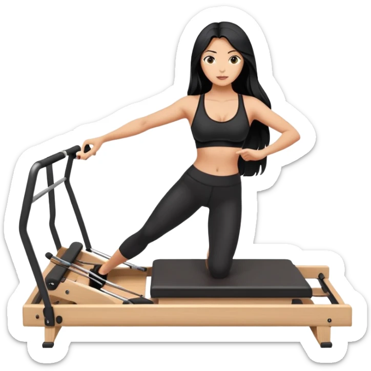 woman with bra, tanned long black hair, doing Pilates reformer sticker