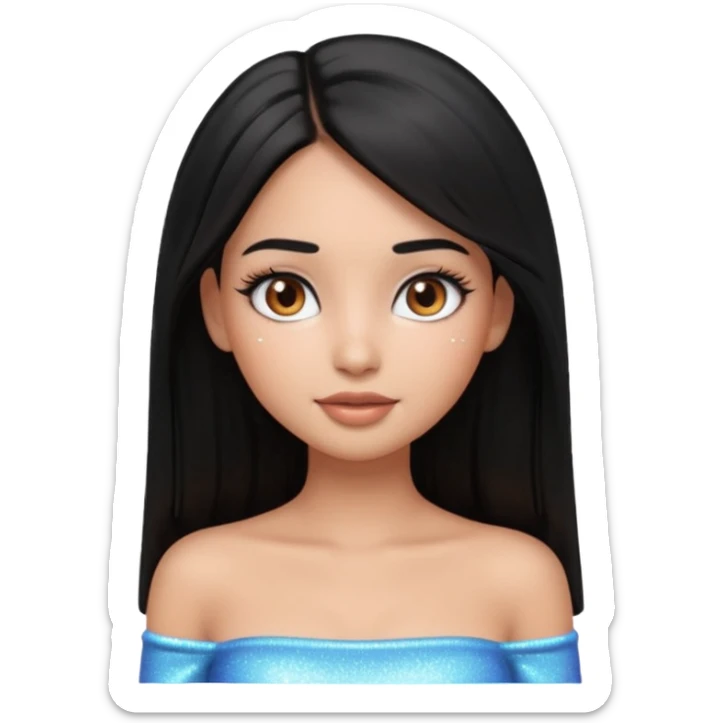 pretty cartoon girl, semi-realistic 3D emoji style, long middle parted straight black hair, tan skin, brown eyes, long eyelashes, soft glam makeup, glossy lips, smooth skin, cute aesthetic, sparkles in hair, white tube top sticker