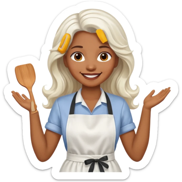 woman, brown skin, white long wavy hair, with apron sticker
