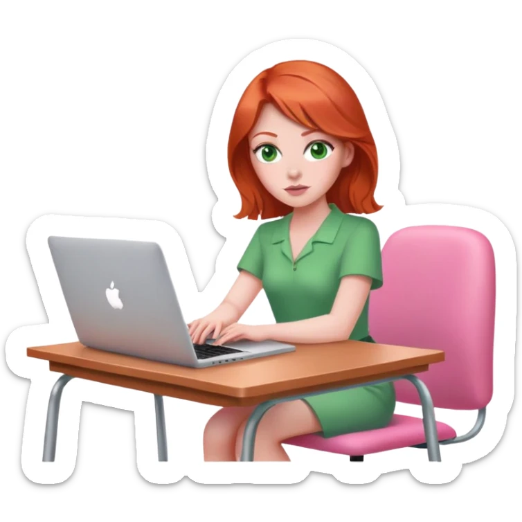 Red head green eyed  sat at desk with pink MacBook on pink chair sticker