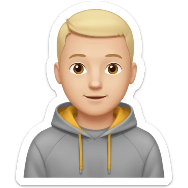 man in his 30s, buzz cut blonde hair, wearing a hoodie, cheerful expression emoji sticker