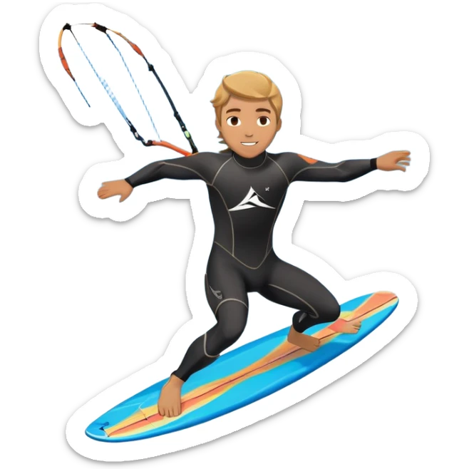 An athlete in a wetsuit riding a kiteboard, soaring over the waves with the kite high in the sky. The background features a vibrant blue sky and crashing ocean waves, capturing the thrill and freedom of kitesurfing in dynamic motion. sticker