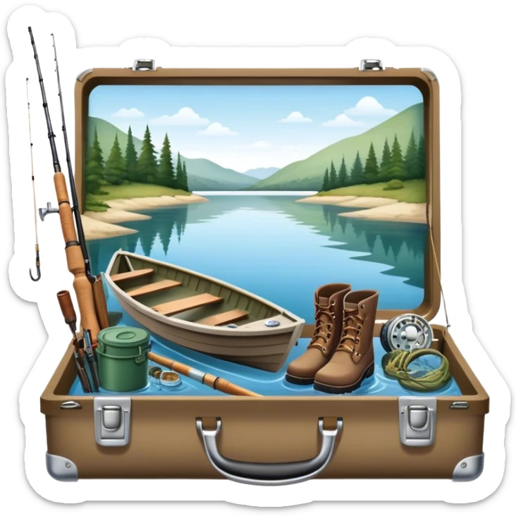 Icon for Fishing: a boat on the shore of a peaceful water body with a beautiful natural landscape, a fishing tackle box, a spinning rod, and boots nearby. The icon should capture the tranquility and gear of a fishing adventure. Transparent background. sticker