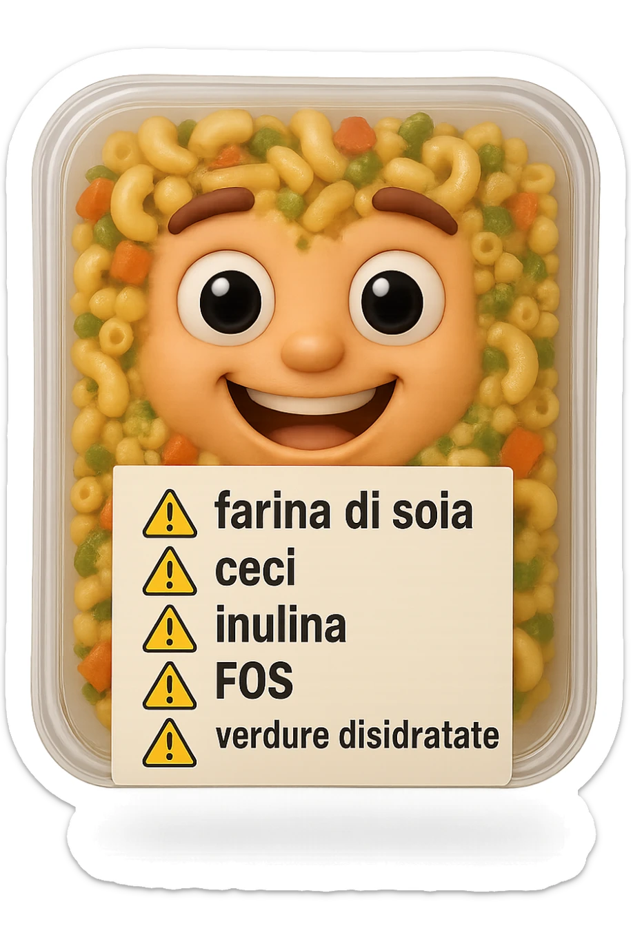 SU QUESTO STILE FAI UN EMOJI STILE IPHONE 3D DI UN insalata di pasta precotta preconfezionata con ETICHETTA CON GLI INGREDIENTI SCRITTI, "farina di soia, ceci, inulina, FOS, GOS, verdure disidratate" accanto ad ogni nome scritto mettici un segnale di allarme, FALLO MOLTO REALISTICO IN 3D sticker