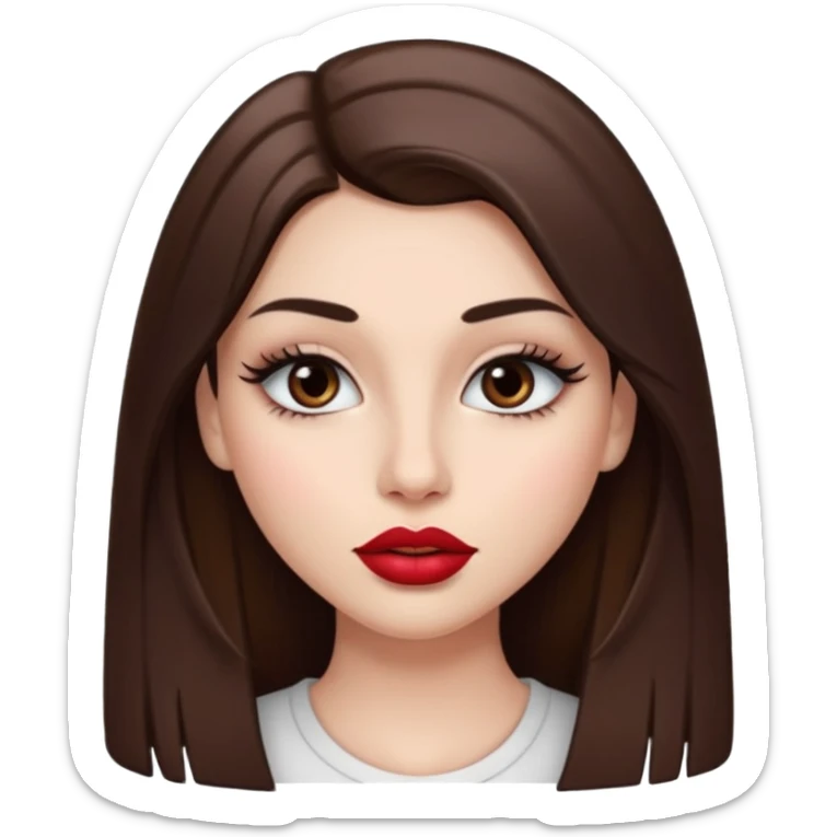 Una chica con piel muy clarita con pleo liso largo de color castaño y unos ojos marrones oscuro y labios grandes y nariz bonita y con unas pestsñas y maquillada sticker