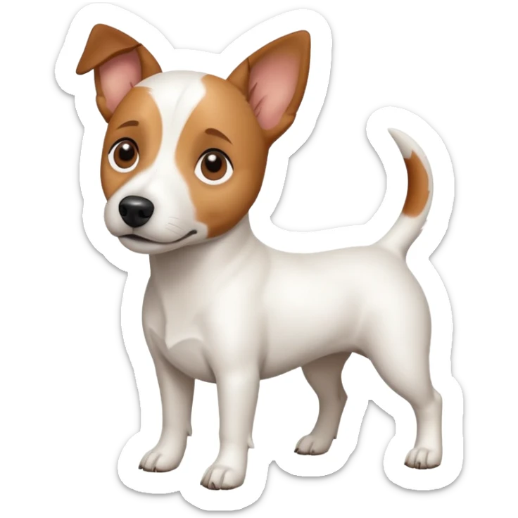 a full body white jack russel looking dog the size of a kelpie with light brown ears and a light brown patch on one eye and a large snout sticker