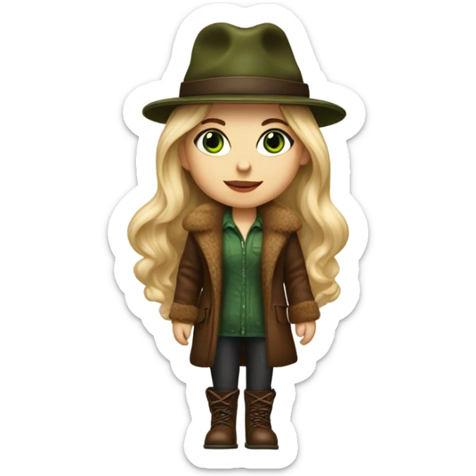 Realistic White girl with Long straight blonde hair, green eyes, tattoos, full body wearing Brown fur coat and fur hat and Brown leather boots, walking sticker