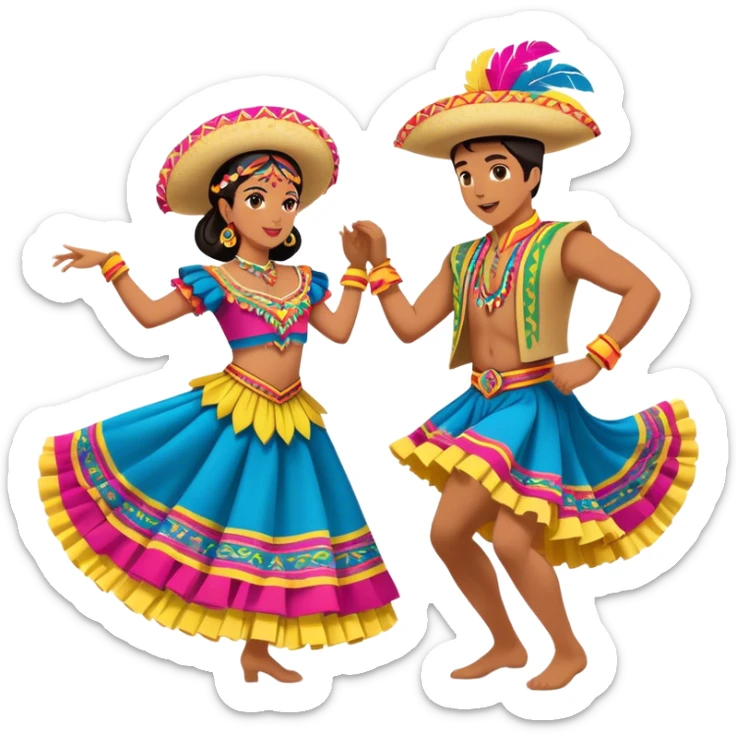 Cinematic Realistic scene of two dancers performing Cumbia, adorned in colorful traditional Colombian costumes with intricate details, captured in rhythmic motion with lively, festive lighting sticker