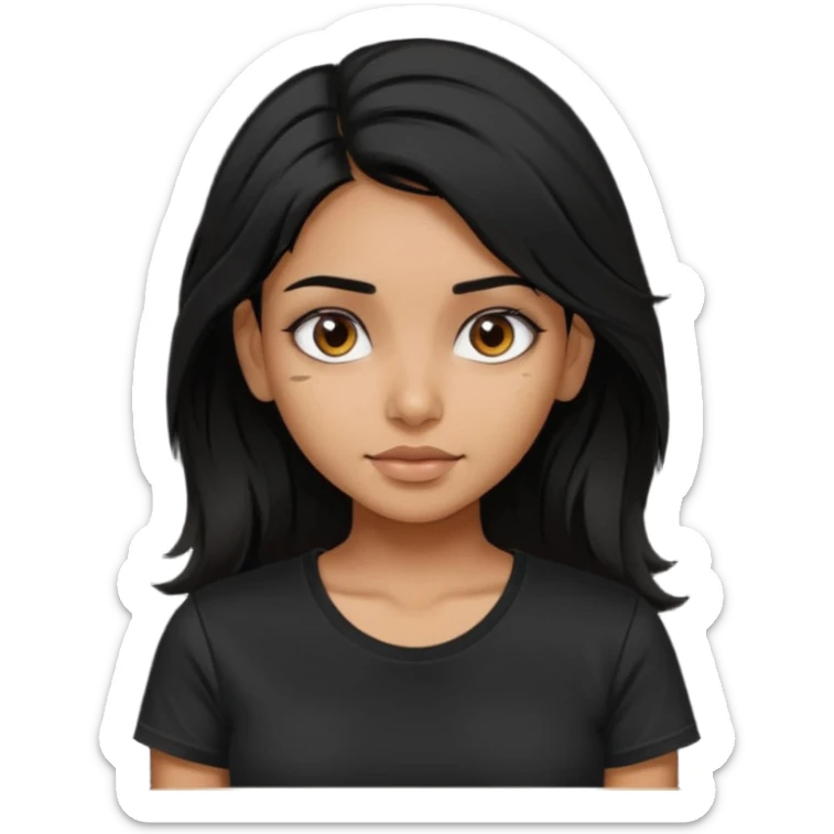 a pretty tan indian bratz girl with messy dark black hair, wearing a black tee. sticker