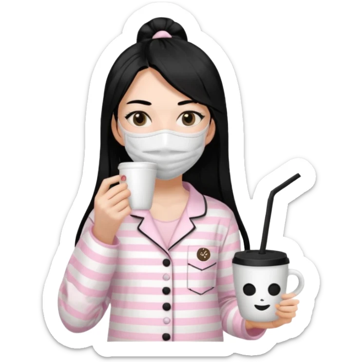 chica de pelo lacio color negro cabellera larga piyama blanca con rayas rosa claras peo no tan claras no oscuras el bordado es negro al igual que los botones )tiene una mascarilla para la carablanca y sostiene y cafe con bolitas nedras al dondo con unsorbete tranparente y es de test blanca  sticker