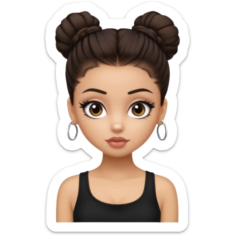 generate a pretty bratz girl in black cami top, dark brown messy bun, eyeliner on. dark brown eyes sticker
