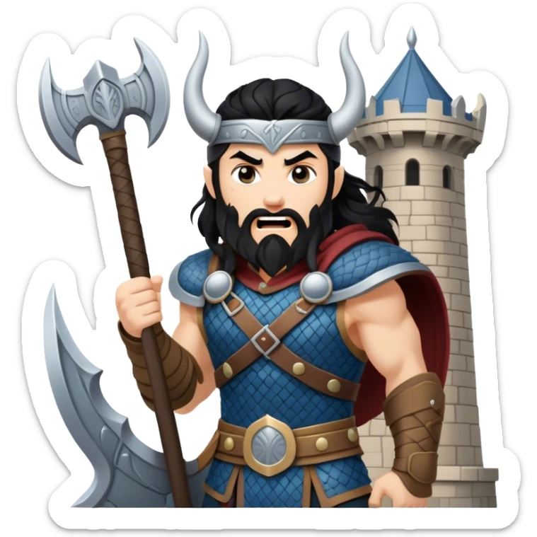 vikingo con armadura de Asgard, pelo negro ondulado, de pie, grito de guerra en torre de Asgard. sticker