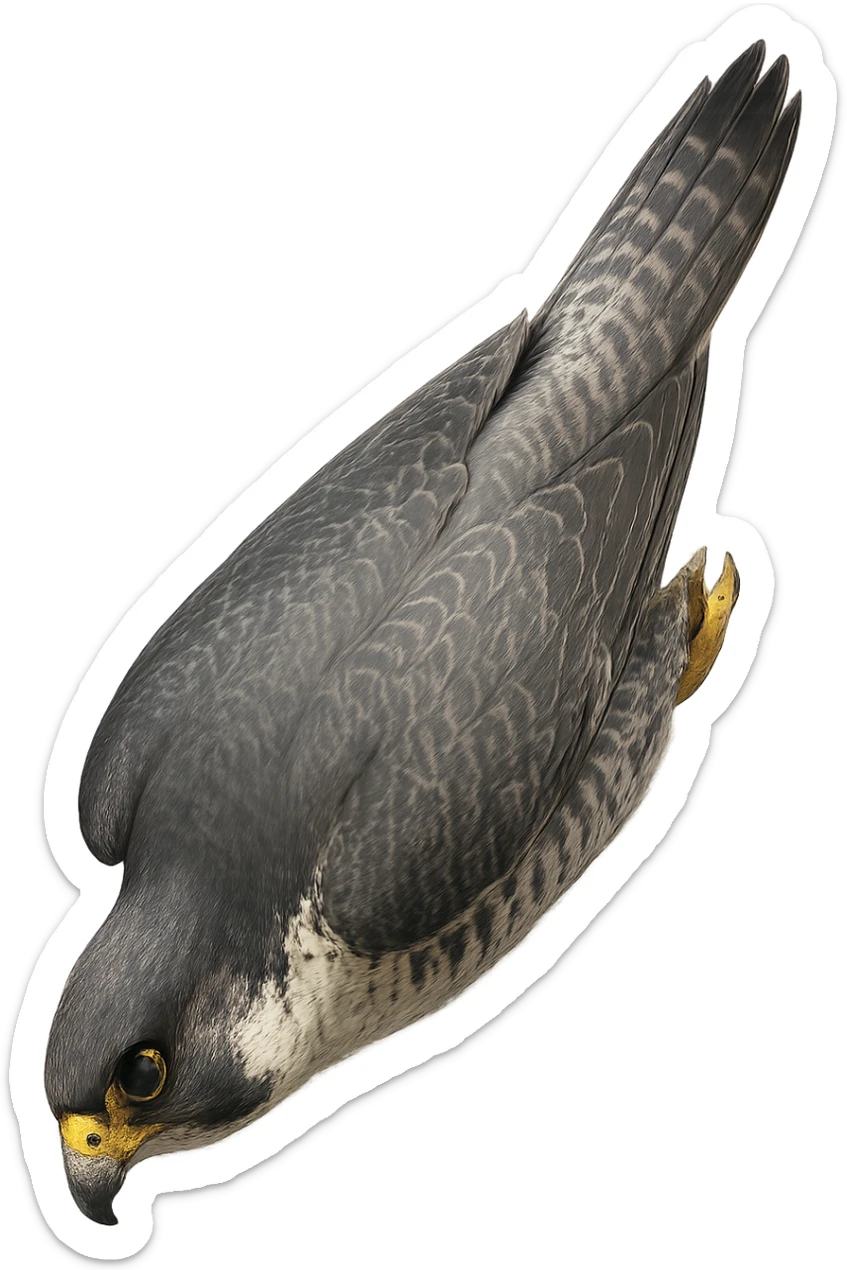 A realistic falcon in a downward spiral, wings tucked, sense of speed, no background sticker