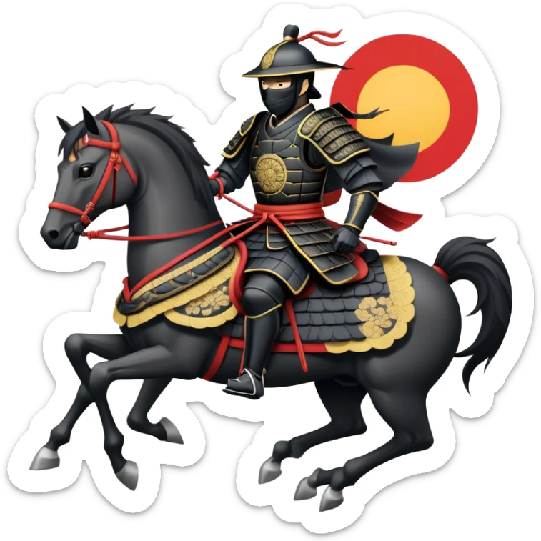clash-of-clans-aesthetic_-cinematic-fearsome-and-majestic-samurai-bust-portrait-emoji, rendered in a flat, vector-style with minimal shading and bold, simplified shapes typical of emoji art, depicting a battle-hardened samurai with black mask and traditional black Japanese armor. The samurai is riding a noble grey warhorse adorned with an intricately designed saddle and fluttering banners and a rising sun. a zoomed in samurai riding on a  horse sticker