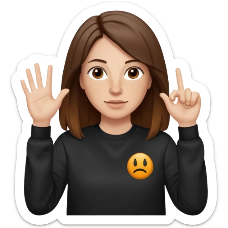 A 38 year old white woman with long brunette hair parted in the middle. She has her nose pierced. Her nose is medium sized. She has brown eyes. She has freckles and is wearing a black sweatshirt and is making the rock on sign with her hand sticker