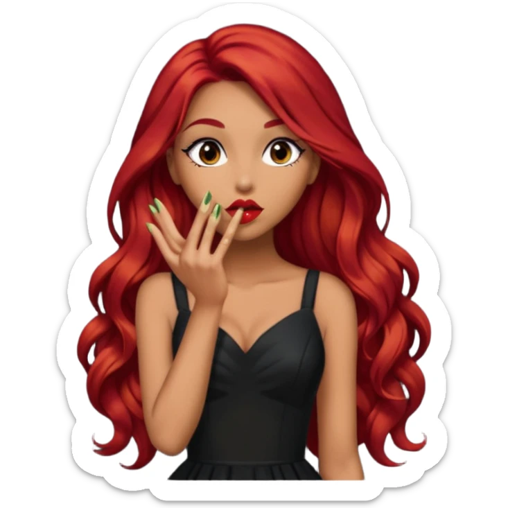  woman with long red hair and dark make up and olive skin sending a kiss in black dress sticker