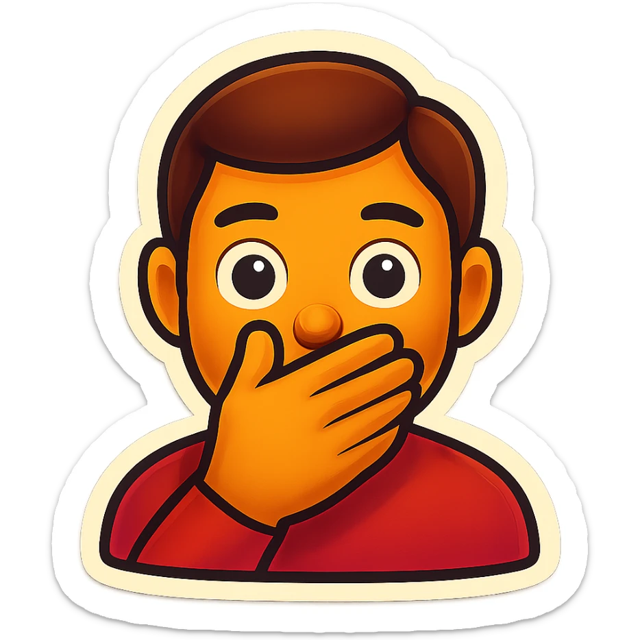 Create an emoji of a man covering his mouth, in the same pose and style as the monkey in the reference image, with a transparent background. sticker